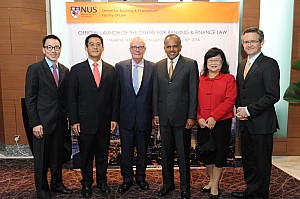 From Left to Right: Dr Beh Swan Gin; Assoc Prof Alexander Loke; Prof Philip R Wood, QC (Hon); Mr K Shanmugam, Assoc Prof Dora Neo, Prof Simon Chesterman